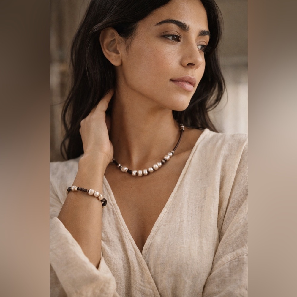 Retired Signed Silpada 925 Sterling Freshwater Pearl Leather Necklace + Bracelet - Picture 2 of 9
